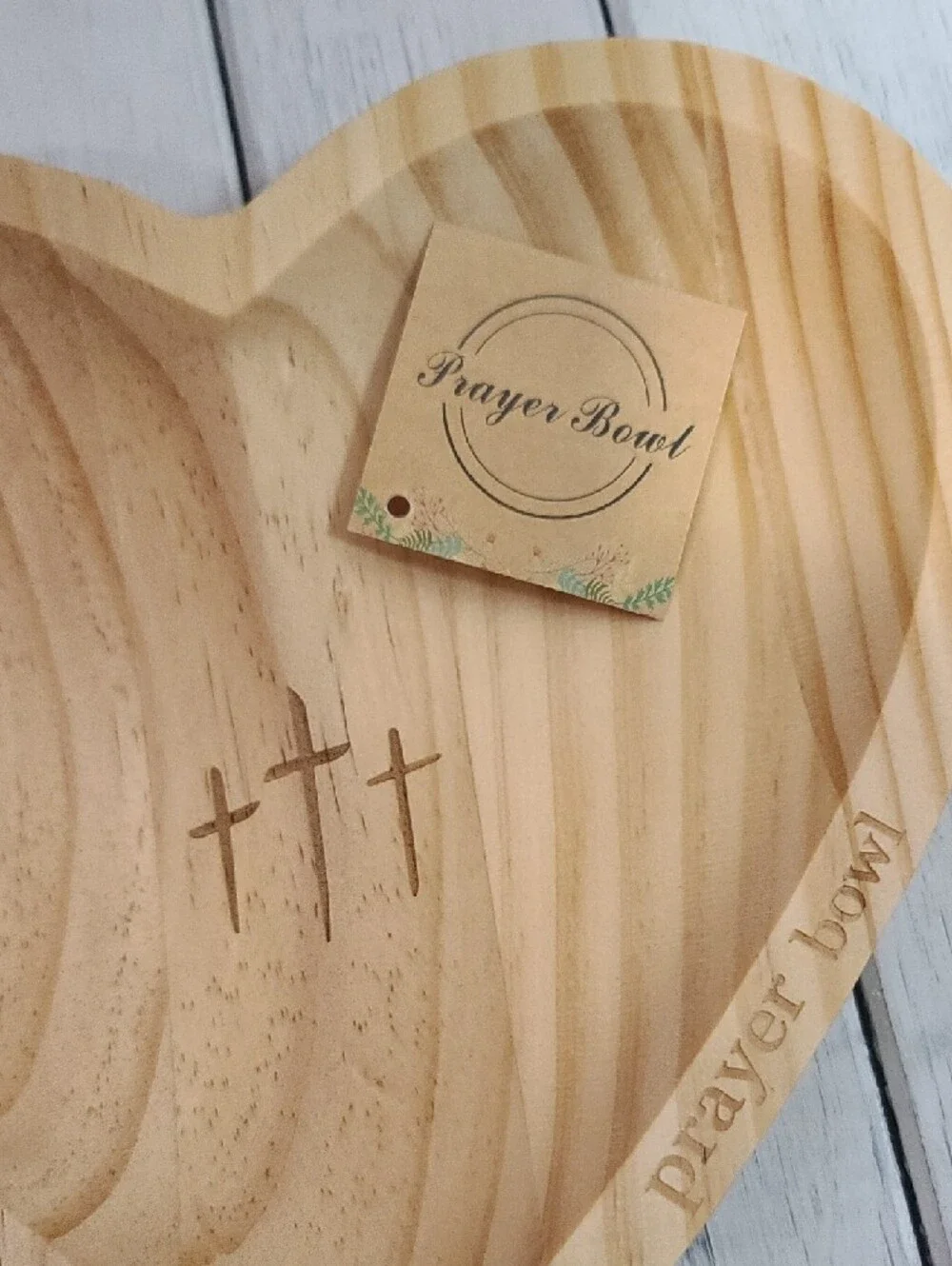 Wooden Heart Prayer Bowl - Natural Carved Wood With 3 Crosses & Prayer Cards NWT